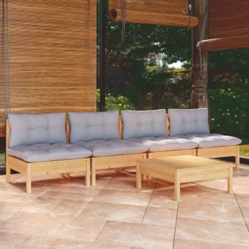 Set mobilier grădină cu perne gri, 5 piese, lemn masiv de pin