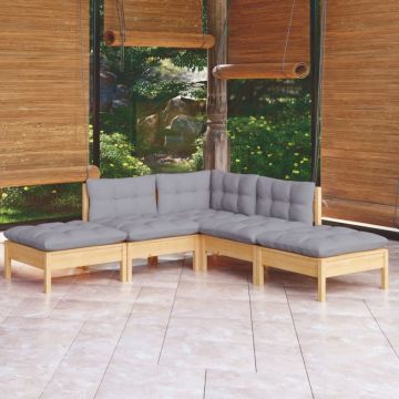 Set mobilier grădină cu perne gri, 5 piese, lemn masiv de pin
