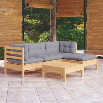 Set mobilier grădină cu perne gri, 5 piese, lemn masiv de pin
