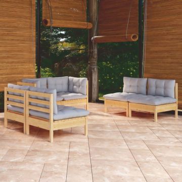 Set mobilier grădină cu perne gri, 6 piese, lemn de pin