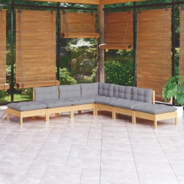 Set mobilier grădină cu perne gri, 7 piese, lemn masiv de pin