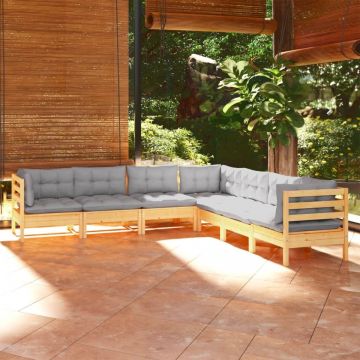 Set mobilier grădină cu perne gri, 7 piese, lemn masiv de pin