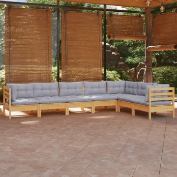 Set mobilier grădină cu perne gri, 7 piese, lemn masiv de pin