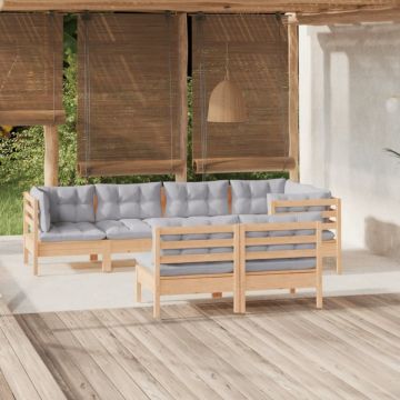 Set mobilier grădină cu perne gri, 7 piese, lemn masiv de pin