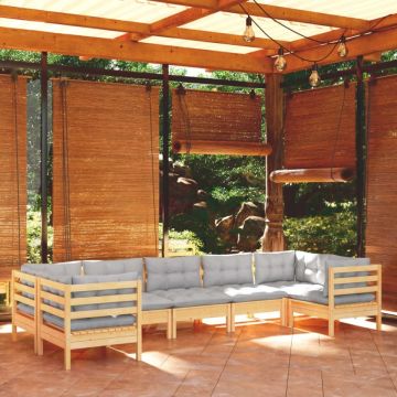 Set mobilier grădină cu perne gri, 7 piese, lemn masiv de pin