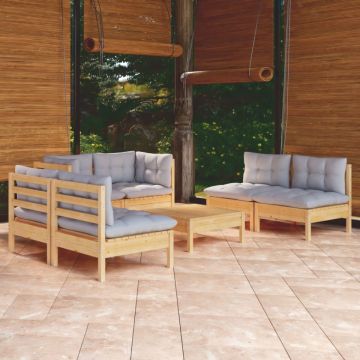 Set mobilier grădină cu perne gri, 7 piese, lemn masiv de pin