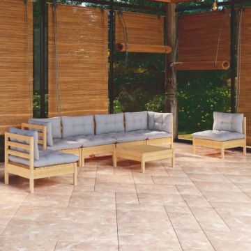 Set mobilier grădină cu perne gri, 7 piese, lemn masiv de pin