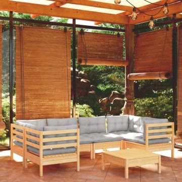 Set mobilier grădină cu perne gri, 7 piese, lemn masiv de pin