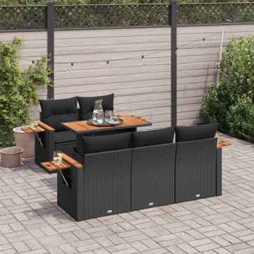 Set mobilier grădină perne 6 piese negru poliratan/lemn acacia