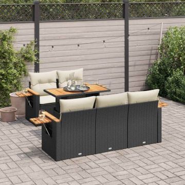 Set mobilier grădină perne 6 piese negru poliratan/lemn acacia