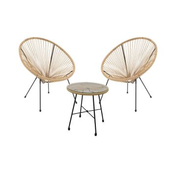 Acapulco É pakoworld set de 3 metal negru-rattan Natural-sticlă D50X50cm