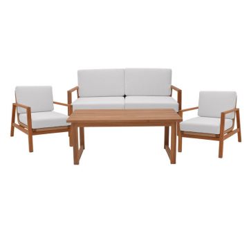 Doumain pakoworld set de 4 lounge-uri din lemn de tec Natural-pernă albă-ratan Natural