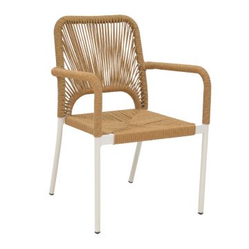 Norture fotoliu stivuibil din aluminiu cadru alb-rattan, Natural, 57x61x85 cm