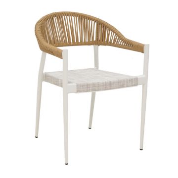 Scaun cu brate din aluminiu Elation, empilabil, cu cadru alb-textilene si rattan in culoare Naturala, 56x52x76cm 52x56