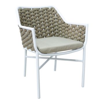 Scaun cu brate din aluminiu, empilabil, Ortegia, cu cadru alb si sfoara kaki, 57x62x82cm 62x57