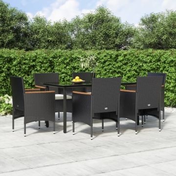 Set de masă pentru grădină, 7 piese, cu perne, negru