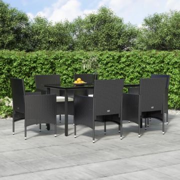 Set de masă pentru grădină, 7 piese, cu perne, negru