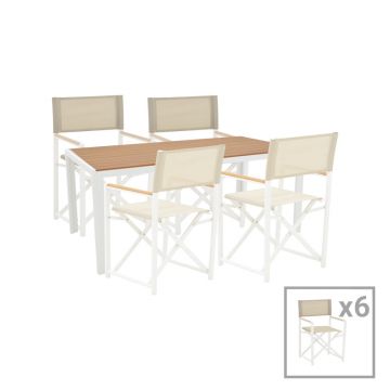 Set masa de sufragerie Mabu-Nares 7 pakoworld alb aluminiu si placaj in culoare Naturala 180x90x72.5cm