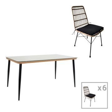 Set masă de sufragerie Naoki U 7 pakoworld rattan pe în nuanță Naturală și metal negru 160x90x78cm