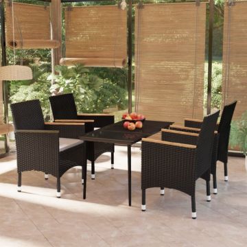 Set masă pentru grădină, 5 piese, cu perne, negru