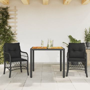 Set bistro cu perne, 3 piese, negru, poliratan