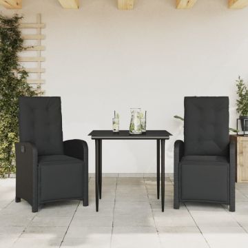 Set bistro cu perne, 3 piese, negru, poliratan