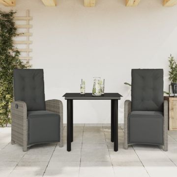 Set bistro de grădină cu perne, 3 piese, gri, poliratan