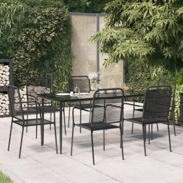 Set de masă grădină, 7 piese, frânghie neagră din bumbac & oțel