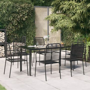 Set de masă grădină, 7 piese, frânghie neagră din bumbac & oțel