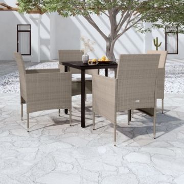 Set de masă pentru grădină, 5 piese, cu perne, bej și negru