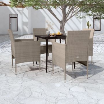 Set de masă pentru grădină, 5 piese, cu perne, bej și negru