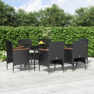Set de masă pentru grădină, 7 piese, cu perne, negru