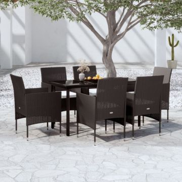 Set de masă pentru grădină, 7 piese, cu perne, negru