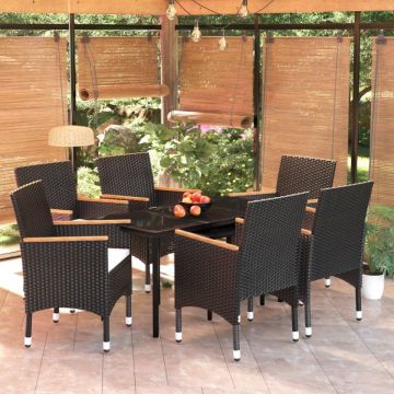 Set de masă pentru grădină, 7 piese, cu perne, negru