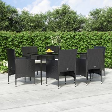Set de masă pentru grădină, 7 piese, cu perne, negru