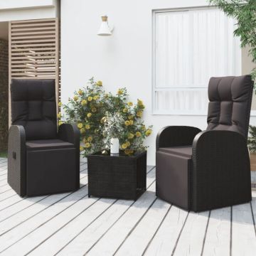 Set șezlonguri grădină, 3 piese, negru, poliratan&oțel