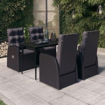 Set masă pentru grădină, 5 piese, cu perne, negru