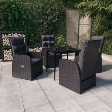Set masă pentru grădină, 5 piese, cu perne, negru