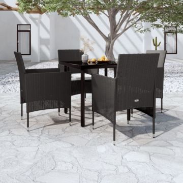 Set masă pentru grădină, 5 piese, cu perne, negru