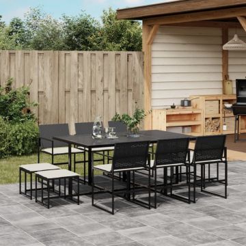 Set mobilier de exterior cu perne, 11 piese, negru, poliratan