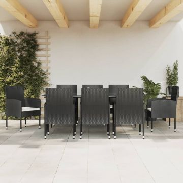 Set mobilier de grădină, 9 piese, negru, poliratan și oțel