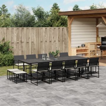 Set mobilier de grădină cu perne, 15 piese, negru, poliratan