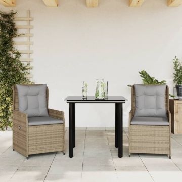 Set mobilier de grădină cu perne, 3 piese, bej, poliratan