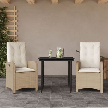 Set mobilier de grădină cu perne, 3 piese, bej, poliratan