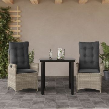 Set mobilier de grădină cu perne, 3 piese,gri deschis,poliratan