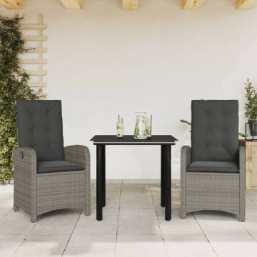Set mobilier de grădină cu perne, 3 piese, gri, poliratan