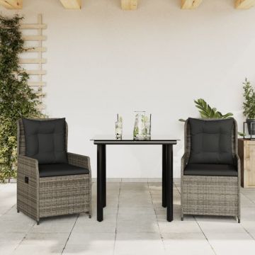 Set mobilier de grădină cu perne, 3 piese, gri, poliratan