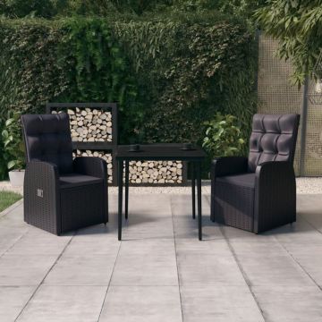 Set mobilier de grădină cu perne, 3 piese, negru