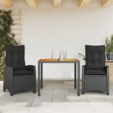 Set mobilier de grădină cu perne, 3 piese, negru, poliratan