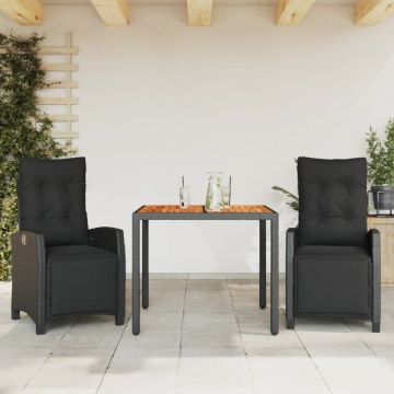 Set mobilier de grădină cu perne, 3 piese, negru, poliratan